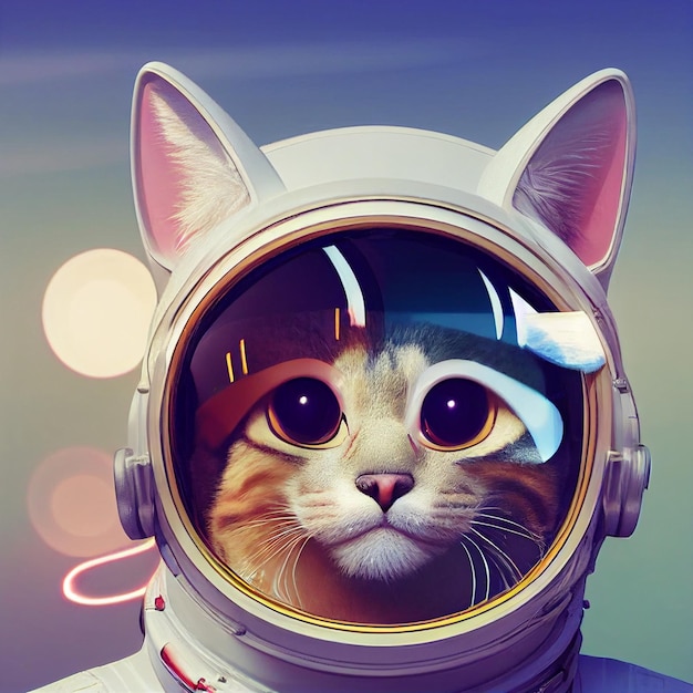 Retrato do gato astronauta na ilustração surreal do espaço