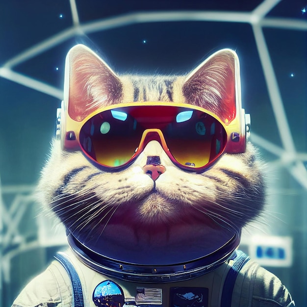 Retrato do gato astronauta na ilustração surreal do espaço