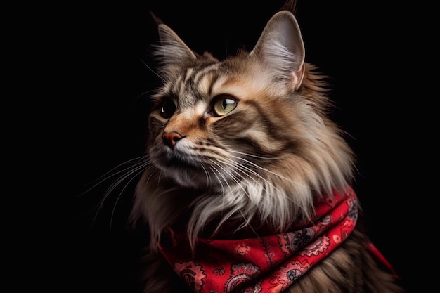 Retrato do gato Maine Coon usando lenço vermelho sobre fundo preto