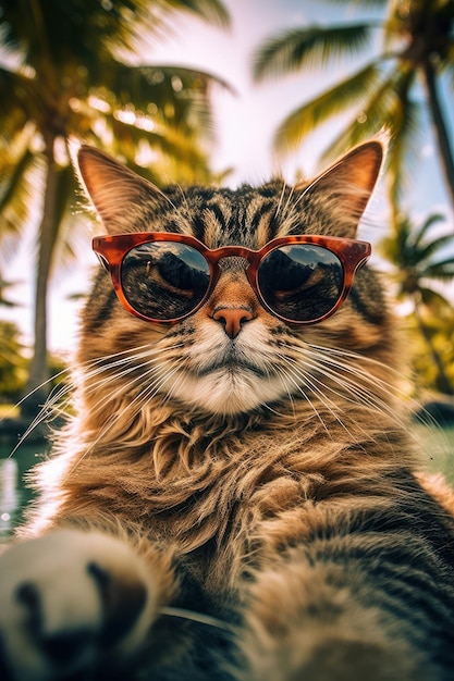 Foto retrato do gato que está em óculos de sol descansando ao ar livre