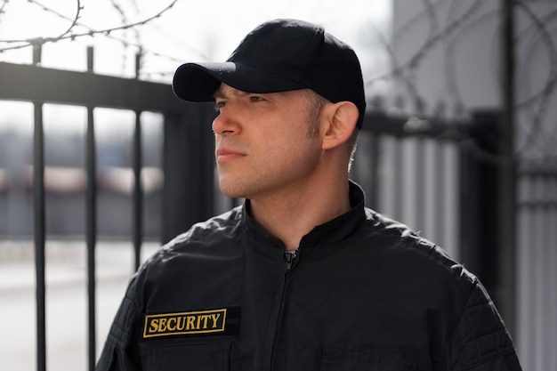 Retrato do guarda de segurança masculino com cerca de arame farpado