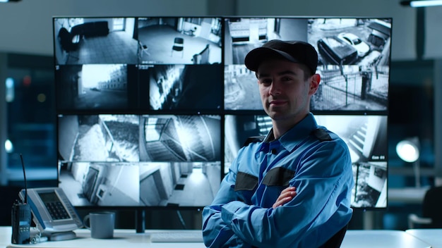 Retrato do guarda de segurança olhando para a câmera com câmeras de CFTV multiscreen no fundo