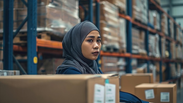 Retrato do Islã Mulher muçulmana trabalhadora de armazém asiática embalando e rotulando em uma caixa de papelão em um ambiente de armazêm Utilizando o conceito logístico de armazem de negócios