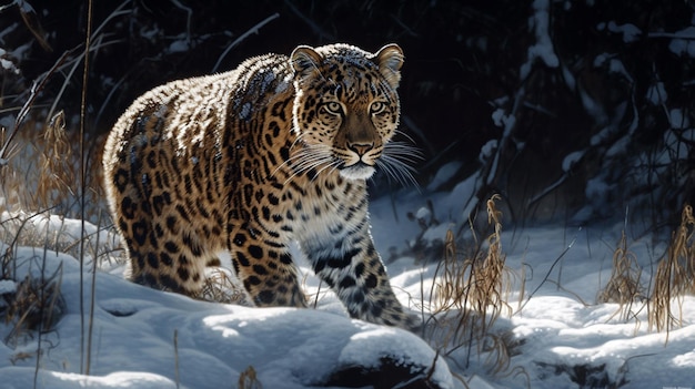 Retrato do leopardo de Amur, um leopardo de Amur solitário caminhando pela neve profunda IA generativa