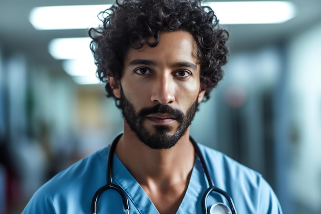 Foto retrato do médico masculino olhando para a câmera no corredor do hospital