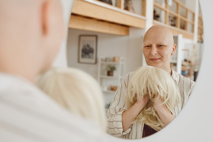 Foto retrato do reflexo de uma mulher adulta careca olhando no espelho segurando peruca enquanto está de pé no interior da casa em tons quentes, alopecia e conscientização do câncer, copie o espaço