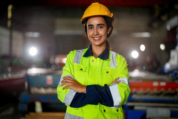 Retrato do rosto bonito da trabalhadora brasileira com olhos confiantes e usando vestido de suíte de trabalho e capacete de segurança na máquina pesada na fábrica da indústria Trabalhador brasileiro concentrado no local de trabalho