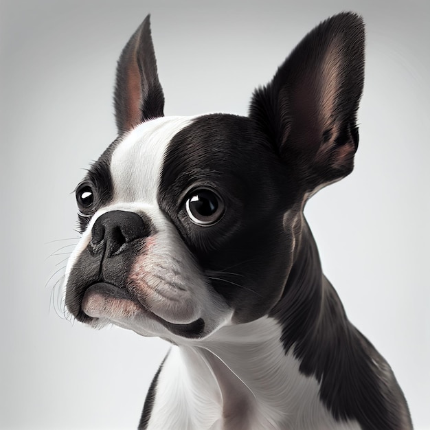 Retrato do Terrier de Boston. Ilustração realista de cão isolado no fundo branco. Raças de cães