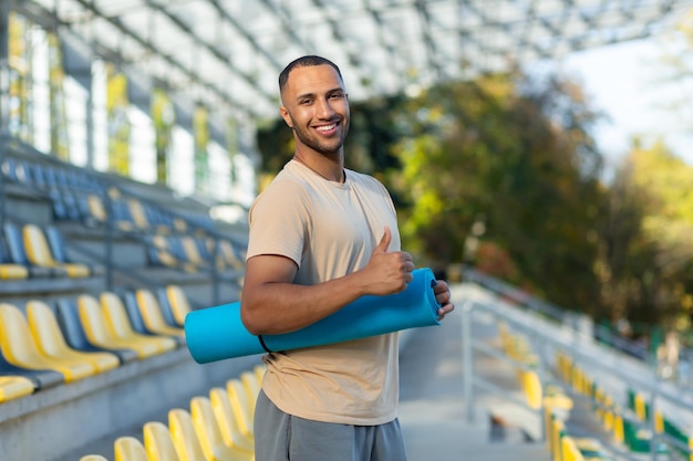 Retrato do treinador de fitness masculino hispânico no atleta do estádio esportivo com tapete de ioga sorrindo e