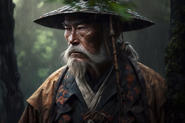 Retrato do velho guerreiro samurai em armadura japonesa tradicional na floresta na chuva Ilustração generativa de IA