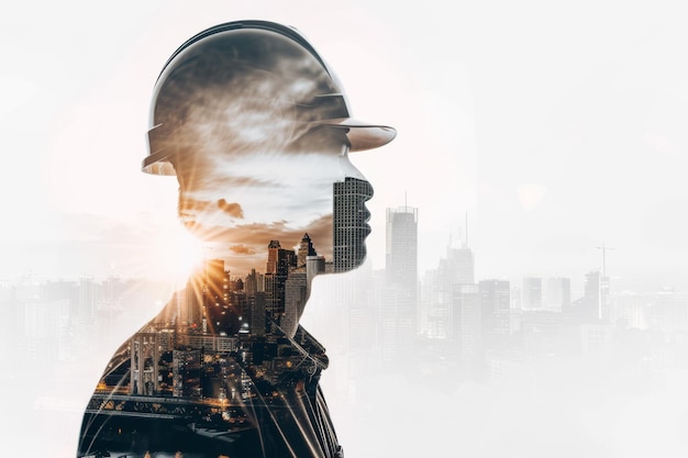 Retrato de doble exposición de un director de construcción con vistas al horizonte de la ciudad al amanecer