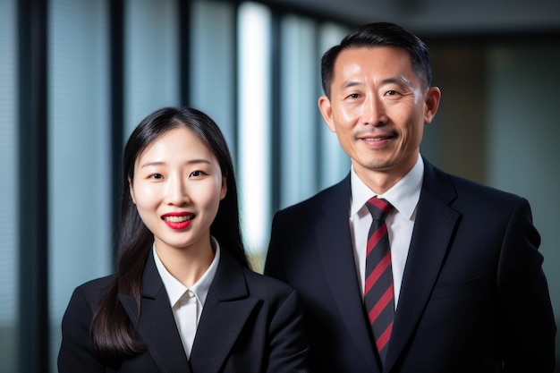 Retrato doble de un hombre y una mujer de negocios asiáticos sonrientes en una oficina creada con ai generativa