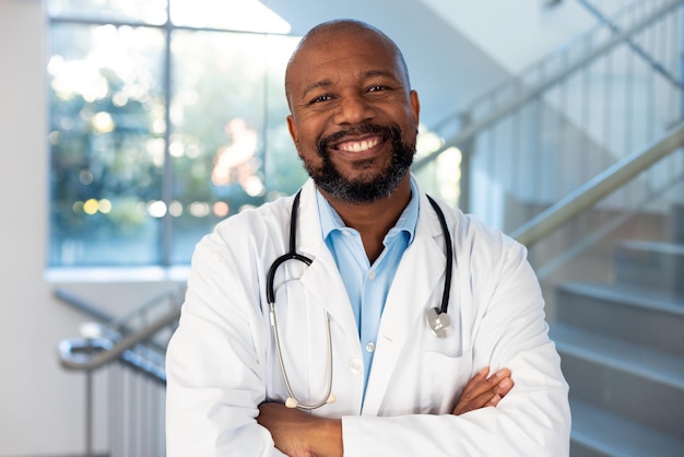 Retrato de un doctor afroamericano sonriente en el pasillo del hospital. Hospital, servicios médicos y de salud.