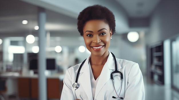 Retrato de una doctora afroamericana de pie en una clínica