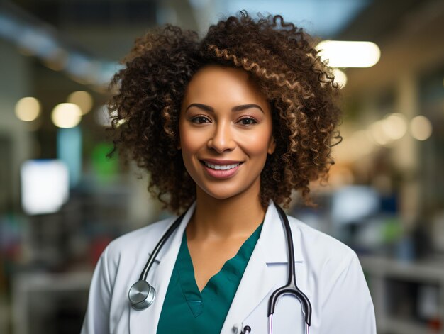 Retrato de una doctora amigable con ropa de trabajo y un estetoscopio en el cuello