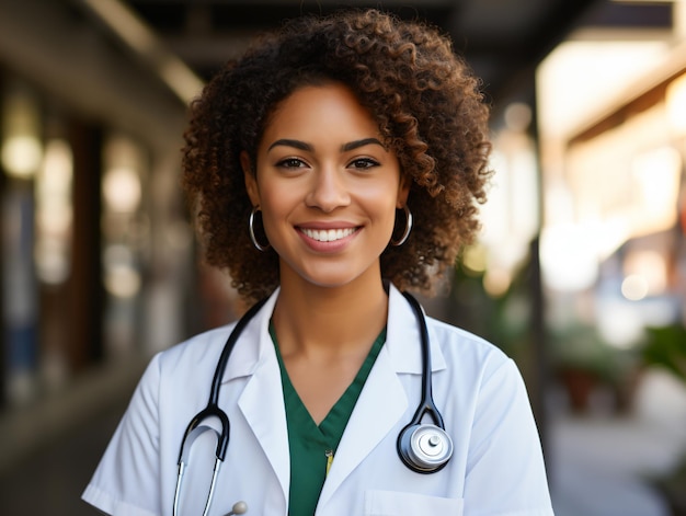 Retrato de una doctora amigable con ropa de trabajo y un estetoscopio en el cuello