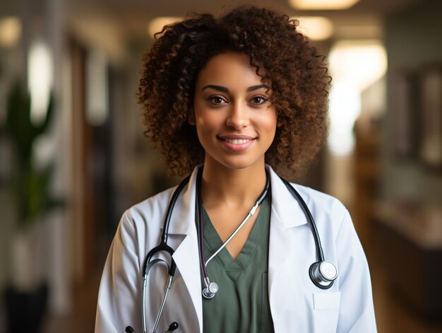 Retrato de una doctora amigable con ropa de trabajo y un estetoscopio en el cuello