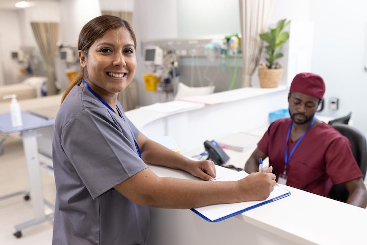 Foto retrato de una doctora asiática feliz en la recepción de una sala de hospital con un colega masculino diverso. servicios médicos y de salud del hospital.