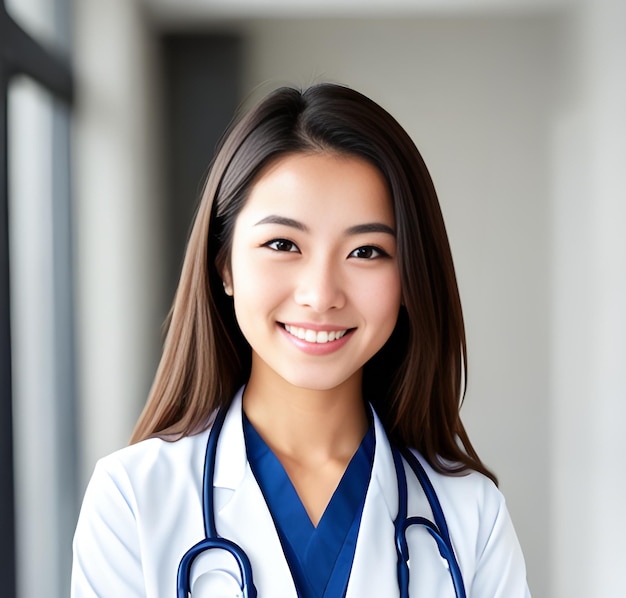 Retrato de una doctora asiática sonriente con estetoscopio