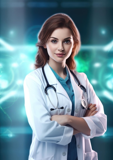 Retrato de una doctora bonita que trabaja en un hospital moderno Generative Ai