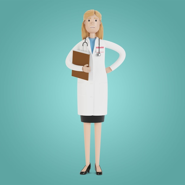 Retrato de una doctora con una carpeta en las manos. Ilustración 3D en estilo de dibujos animados.