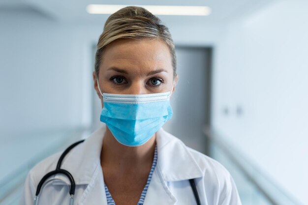 Retrato de una doctora caucásica con máscara parada en el pasillo del hospital