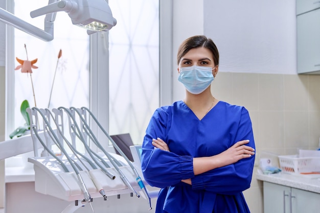 Retrato de una doctora dentista segura de sí misma en el consultorio mirando a la cámara