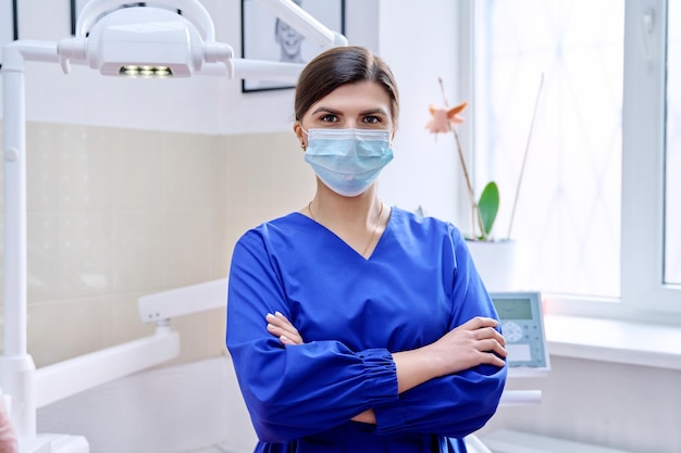 Retrato de una doctora dentista segura de sí misma en el consultorio mirando a la cámara