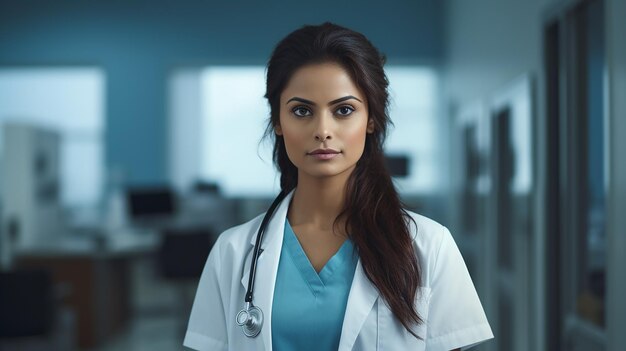 Retrato de una doctora con un estetoscopio en el pasillo del hospital