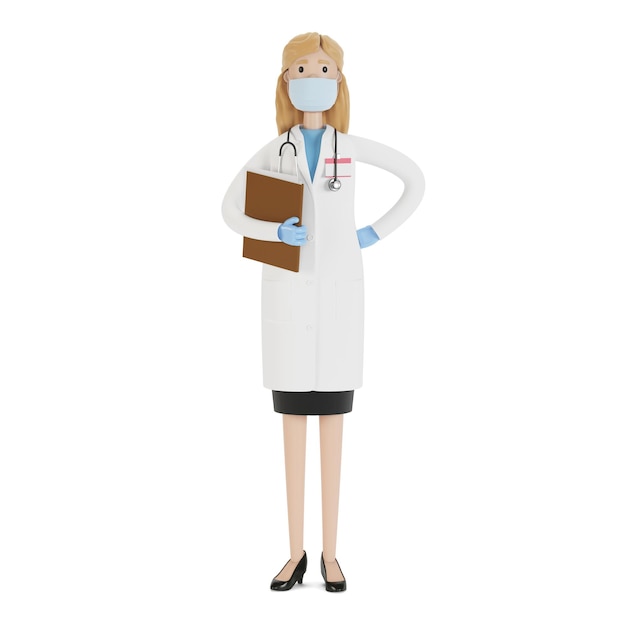 Retrato de una doctora con mascarilla y guantes. Ilustración 3D en estilo de dibujos animados.