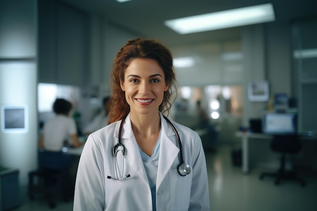 Retrato de una doctora de pie en una clínica