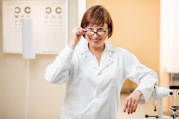 Retrato de una doctora senior en uniforme de pie en el consultorio oftalmológico