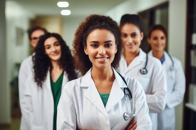 Retrato de una doctora sonriente parada frente a su equipo Doctora sonriente parada con colegas médicos en un hospital AI Generado