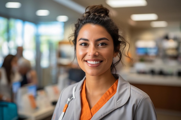 Retrato de una doctora sonriente parada en el pasillo del hospital