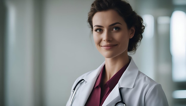 Retrato de una doctora sonriente de pie con un estetoscopio