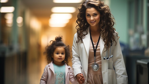 Retrato de una doctora sonriente que sostiene la mano de una niña en el pasillo del hospital.
