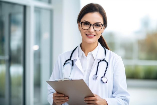 Retrato de una doctora sonriente con su bata blanca y estetoscopio alrededor de su cuello