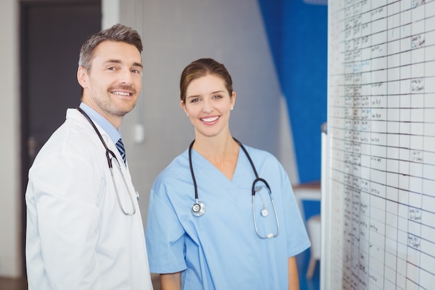 Retrato de doctores alegres de pie junto a la tabla en la pared