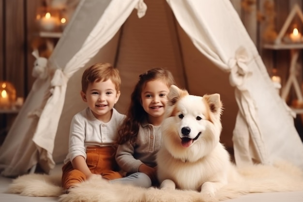 Retrato doméstico de duas crianças fofas abraçadas com cachorrinho no fundo interior do quarto de crianças desfocado