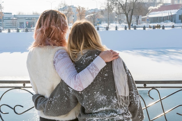 retrato, de, dos, se abrazar, mujeres, atascado, en la nieve, por, un, congelado, río, en, invierno, vista trasera