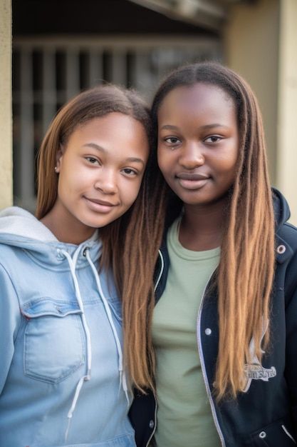 Retrato de dos adolescentes juntas fuera de un salón de clases creado con inteligencia artificial generativa