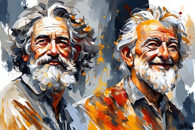 Retrato de dos ancianos con larga barba blanca y bigote