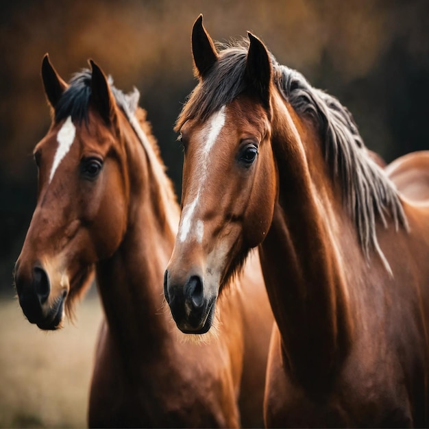 Retrato de dos caballos en el bosque Foco selectivo
