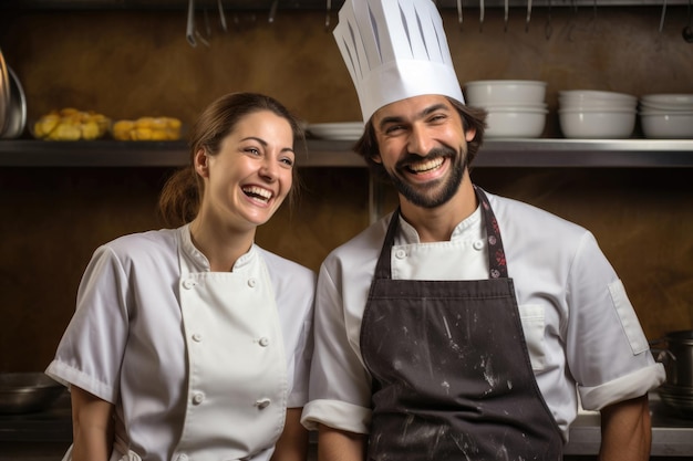 Retrato de dos chefs sonrientes felices