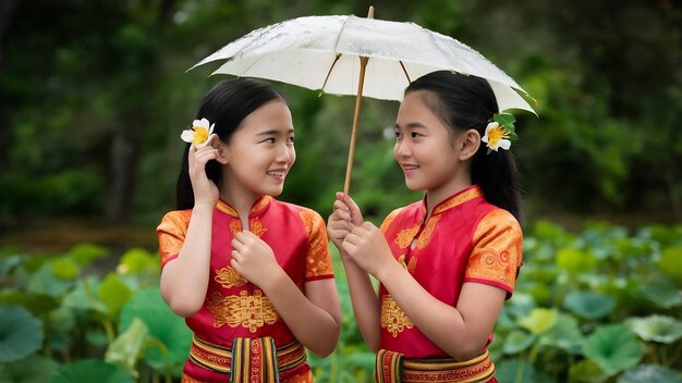 Retrato de dos chicas encantadoras en vestido tradicional tailandés y poner una hermosa flor en su oreja tomando o