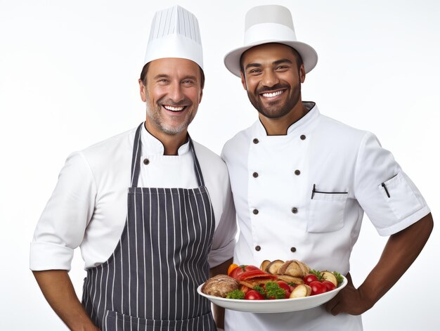 Retrato de dos cocineros masculinos posando con verduras frescas sobre un fondo blanco