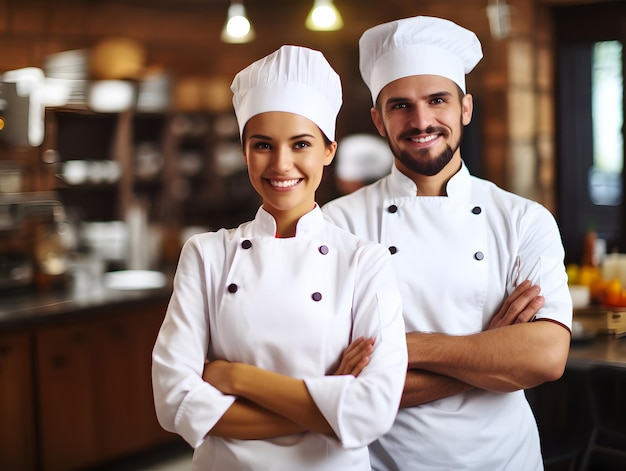 Retrato de dos cocineros con una sonrisa en un restaurante