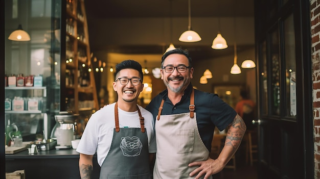 Retrato de dos empresarios asiáticos sonrientes que se dan la bienvenida juntos en su moderno café Creado con tecnología de IA generativa