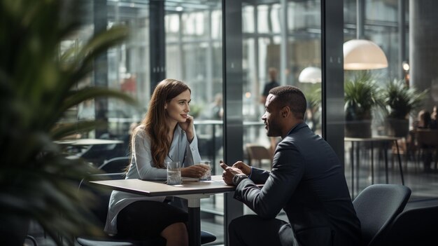 Retrato de dos empresarios discutiendo el trabajo durante una reunión en el lujoso espacio para copiar en el vestíbulo del hotel