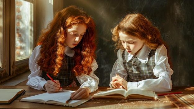 Foto retrato con dos escolares de 10 años de edad escribiendo en un cuaderno en una clase escolar